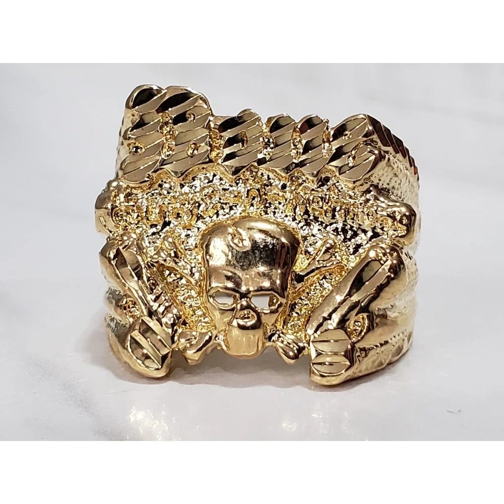 NEW SIZE 10 GOLD‎ TONE GOLD PLATED SKULL GUN BIKER RING NUGGET STATEMENT GOTHIC